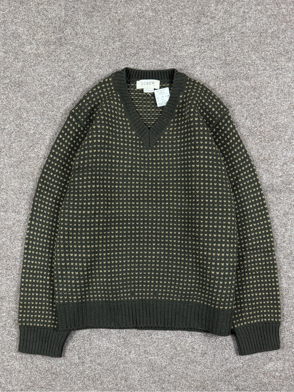 J Crew Green Birdseye Pattern V-Neck Knit Wool Pullover Sweater Men’s Large NWT - Picture 1 of 7